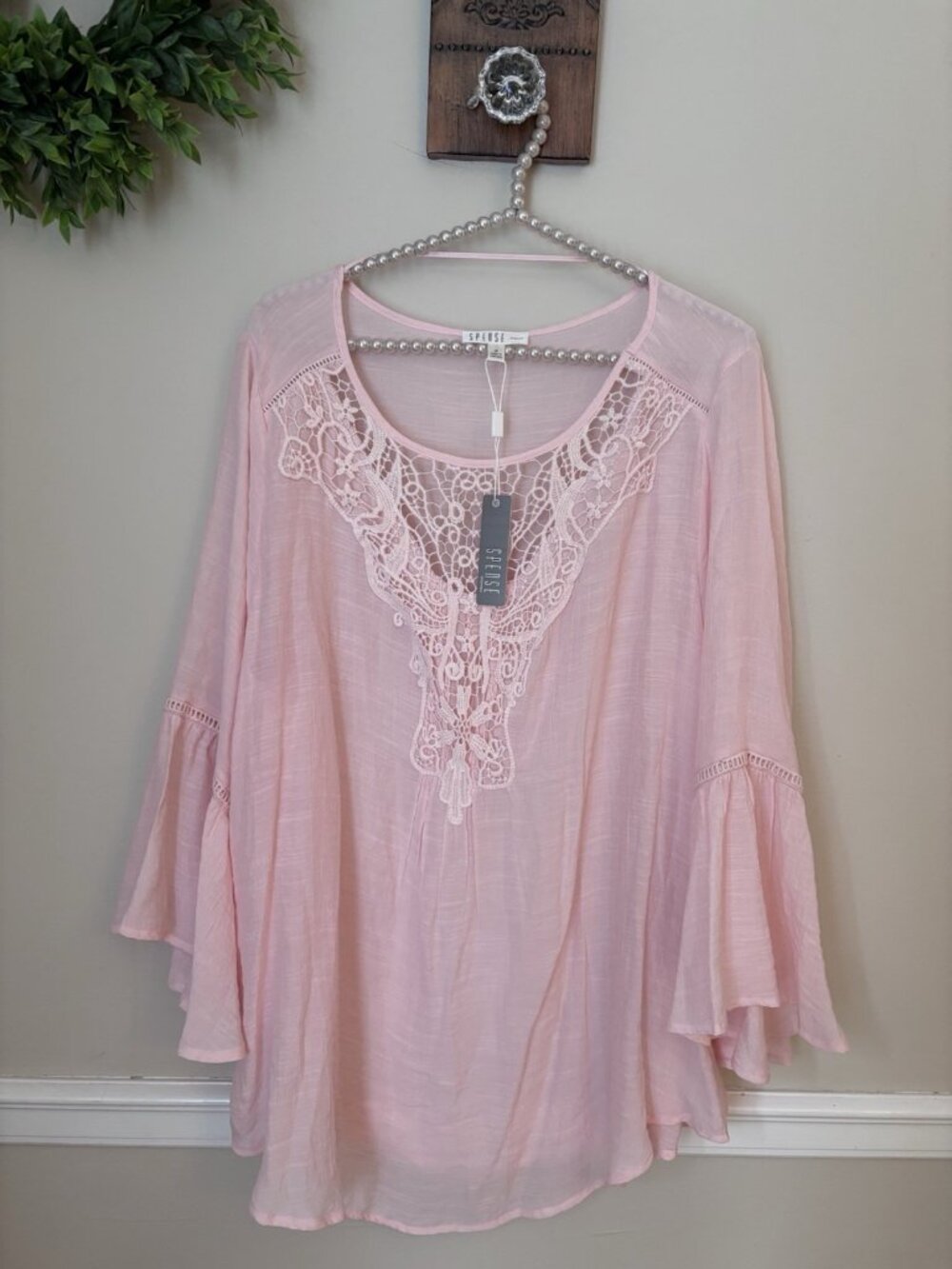NWT Spense Womens Size 1X Light Pink Tunic Top Crochet Lace Trim Bell Sleeve